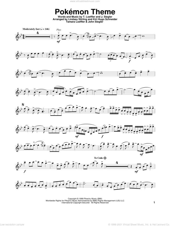 Pokemon Theme sheet music for violin solo by Lindsey Stirling, J. Siegler and T. Loeffler, intermediate skill level