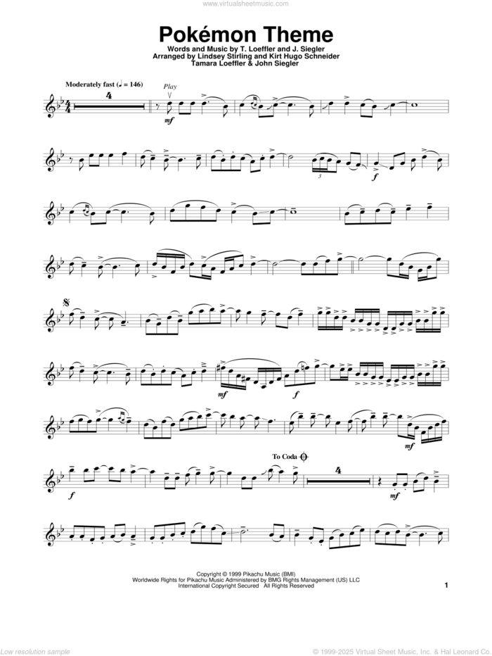 Pokemon Theme sheet music for violin solo by Lindsey Stirling, J. Siegler and T. Loeffler, intermediate skill level