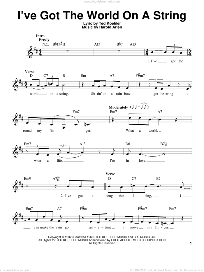 I've Got The World On A String sheet music for voice solo by Frank Sinatra, Dick Hyman, Harold Arlen and Ted Koehler, intermediate skill level