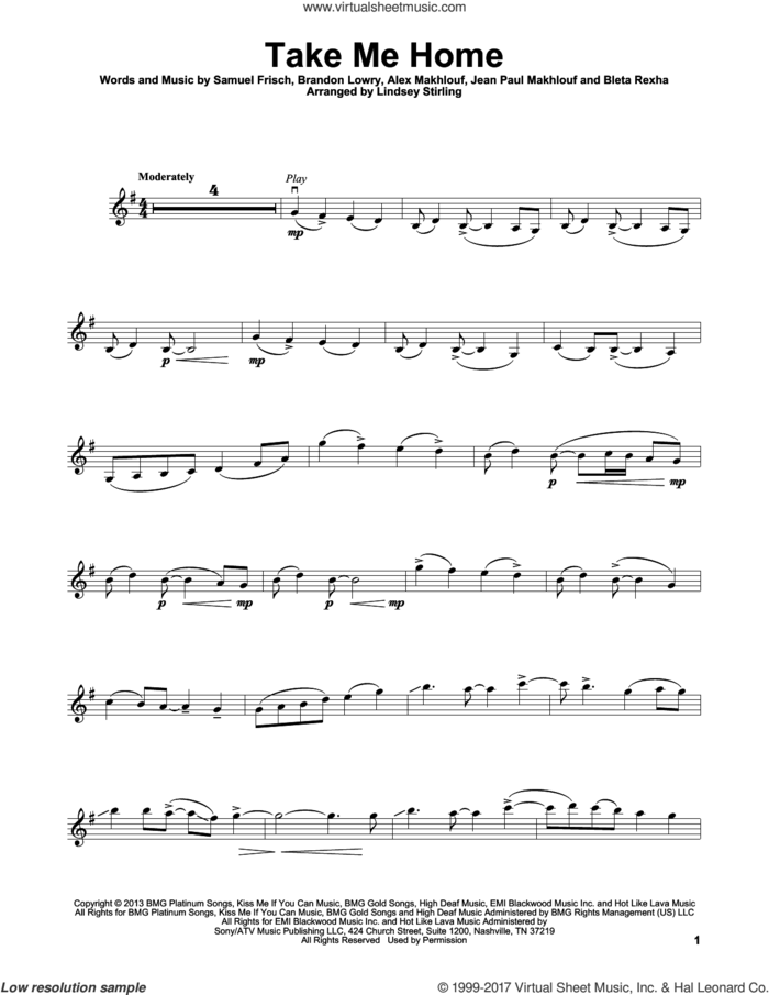 Take Me Home sheet music for violin solo by Lindsey Stirling, Cash Cash, Alex Makhlouf, Bleta Rexha, Brandon Lowry, Jean Paul Makhlouf and Samuel Frisch, intermediate skill level