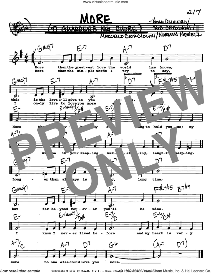 More (Ti Guardero Nel Cuore) sheet music for voice and other instruments  by Marcello Ciorciolini, Nino Oliviero, Norman Newell and Riz Ortolani, intermediate skill level