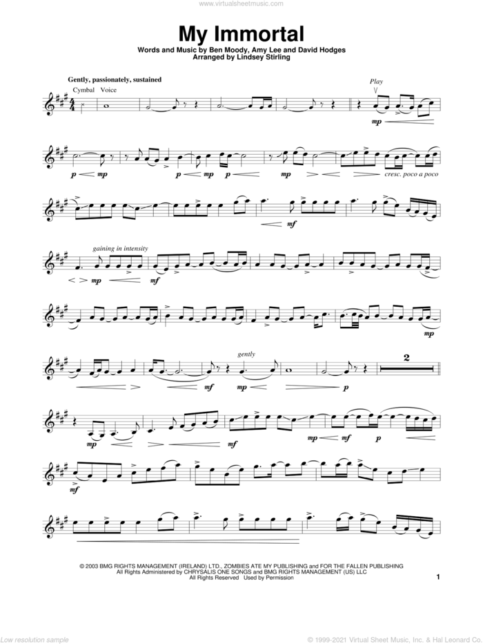 My Immortal sheet music for violin solo by Lindsey Stirling, Evanescence, Amy Lee, Ben Moody and David Hodges, intermediate skill level