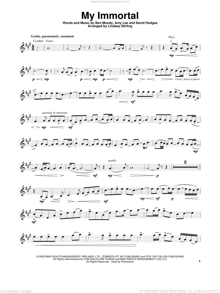 My Immortal sheet music for violin solo by Lindsey Stirling, Evanescence, Amy Lee, Ben Moody and David Hodges, intermediate skill level