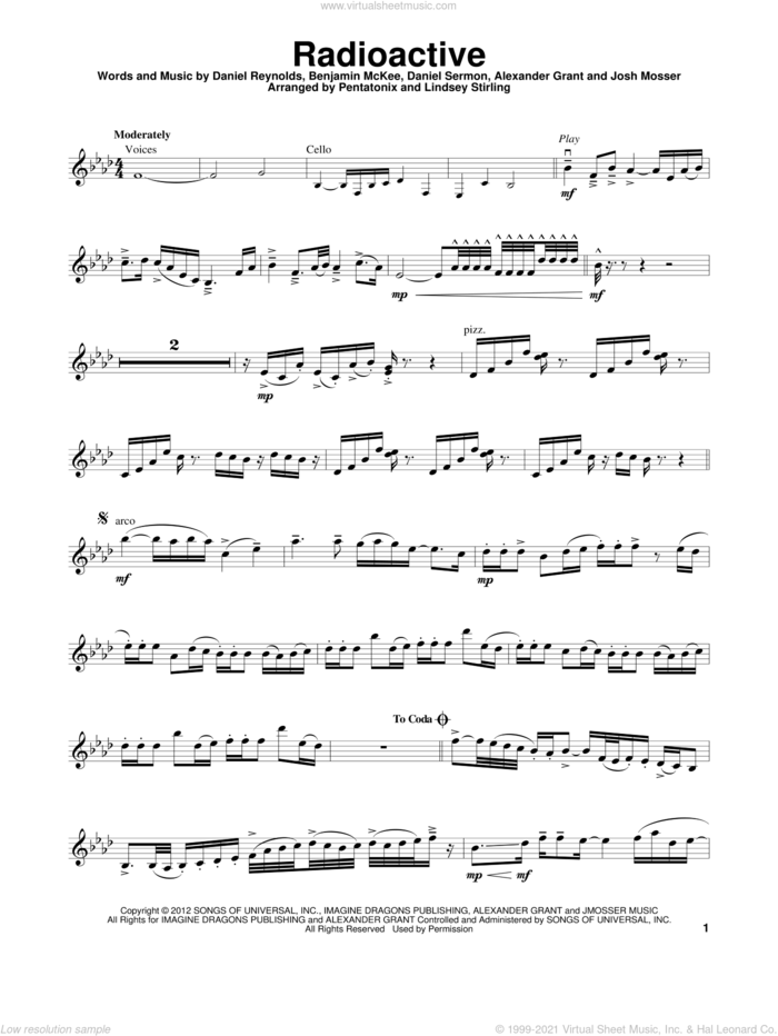 Radioactive sheet music for violin solo by Lindsey Stirling, Imagine Dragons, Alexander Grant, Benjamin McKee, Daniel Reynolds, Daniel Sermon and Josh Mosser, intermediate skill level