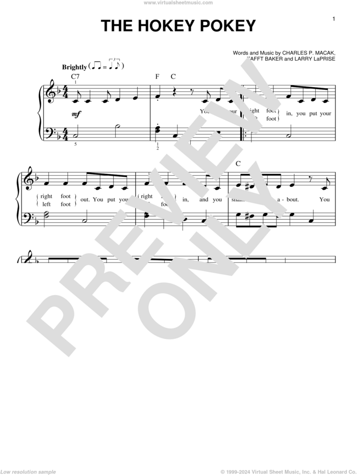 The Hokey Pokey sheet music for piano solo by Charles P. Macak, Larry LaPrise and Tafft Baker, beginner skill level