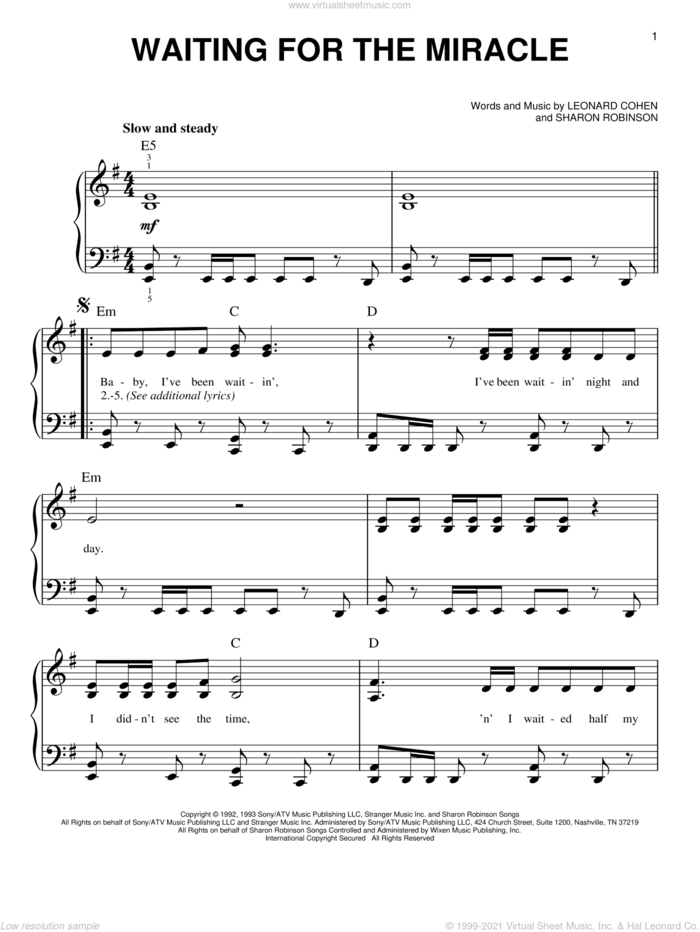 Waiting For The Miracle sheet music for piano solo by Leonard Cohen and Sharon Robinson, easy skill level
