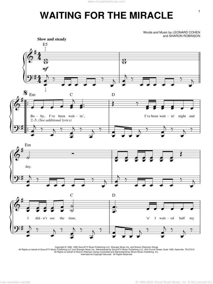 Waiting For The Miracle sheet music for piano solo by Leonard Cohen and Sharon Robinson, easy skill level