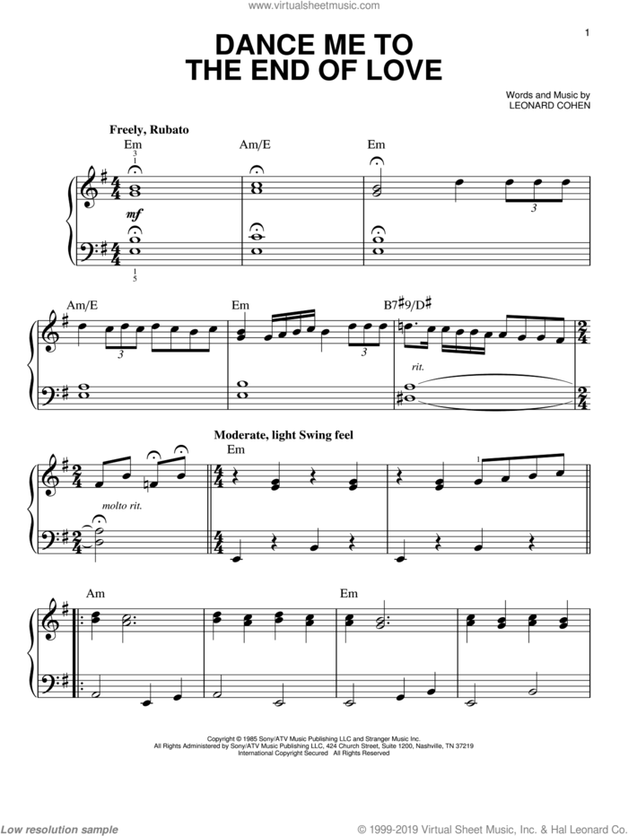 Dance Me To The End Of Love sheet music for piano solo by Leonard Cohen and Madeleine Peyroux, easy skill level