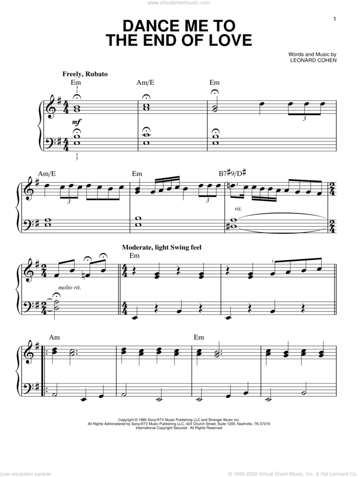 Dance Me To The End Of Love sheet music for piano solo by Leonard Cohen and Madeleine Peyroux, easy skill level