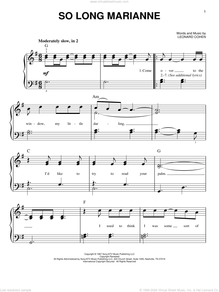 So Long Marianne sheet music for piano solo by Leonard Cohen, easy skill level