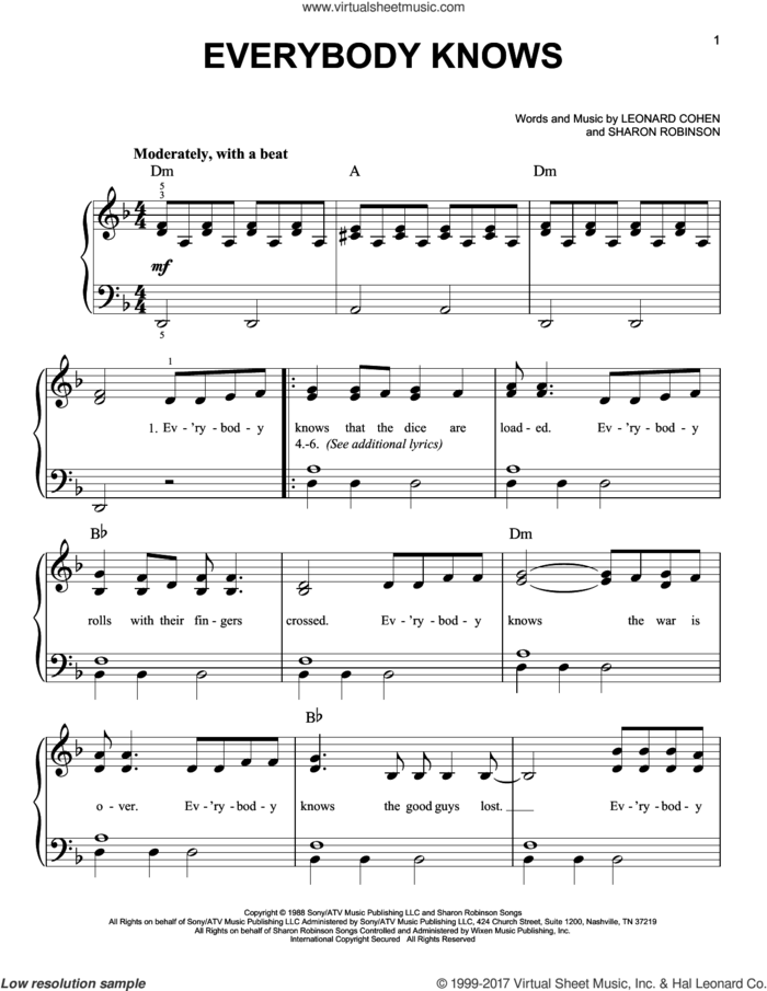 Everybody Knows sheet music for piano solo by Leonard Cohen, Concrete Blonde, Don Henley and Sharon Robinson, easy skill level