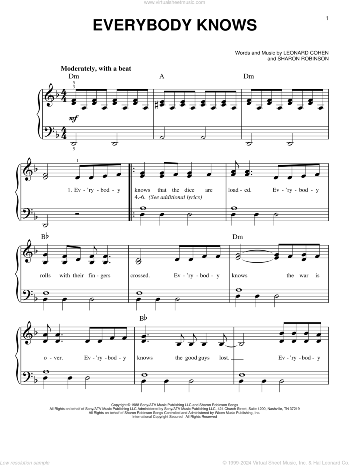 Everybody Knows sheet music for piano solo by Leonard Cohen, Concrete Blonde, Don Henley and Sharon Robinson, easy skill level