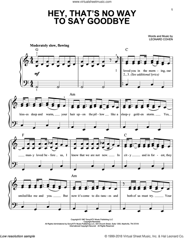 Hey, That's No Way To Say Goodbye sheet music for piano solo by Leonard Cohen, easy skill level