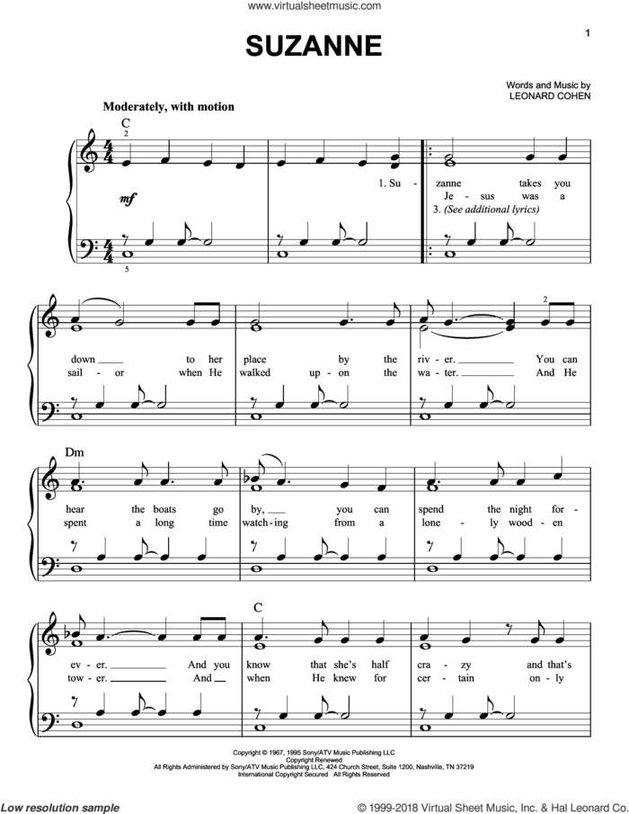 Suzanne sheet music for piano solo by Leonard Cohen, easy skill level