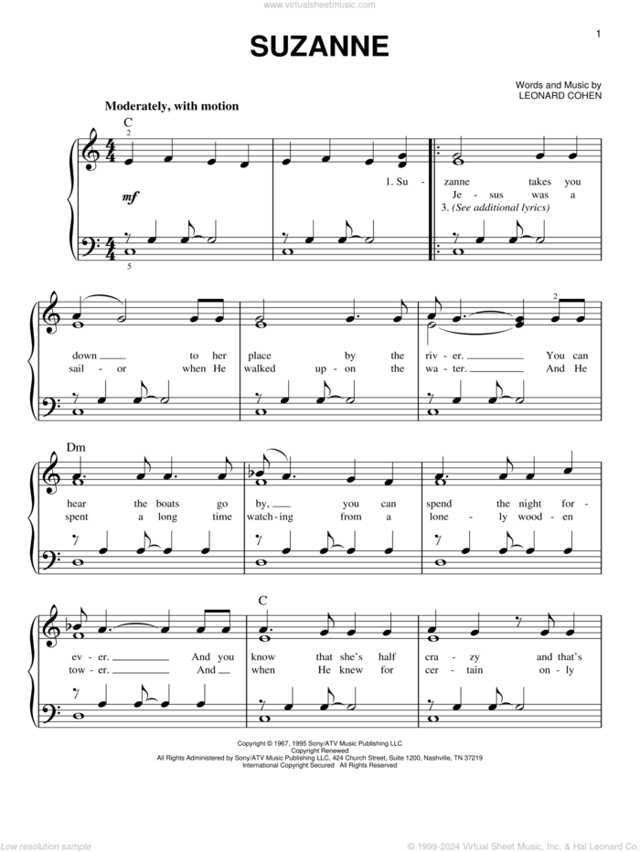 Suzanne sheet music for piano solo by Leonard Cohen, easy skill level