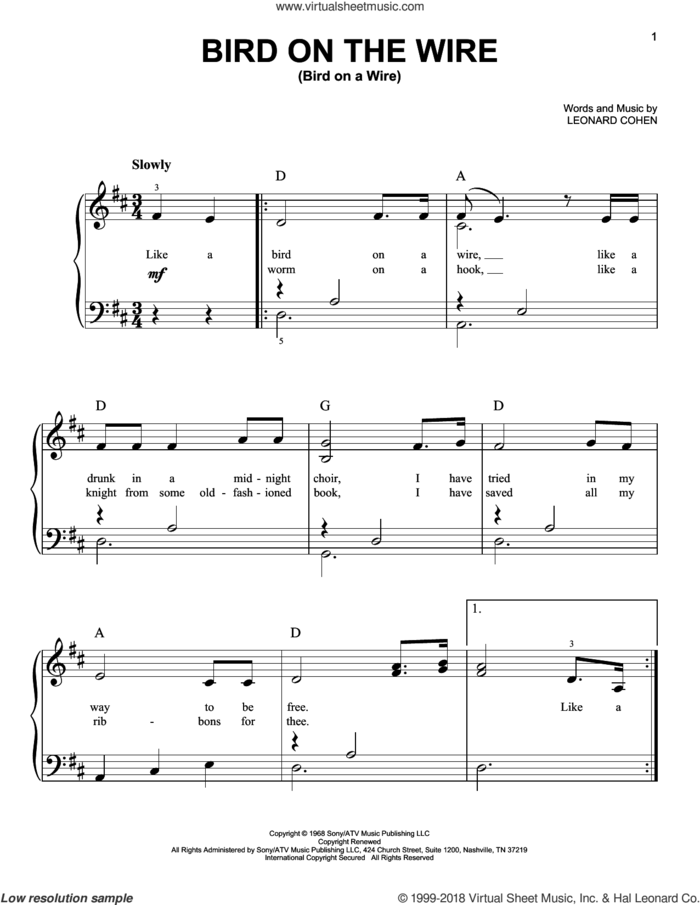 Bird On The Wire (Bird On A Wire) sheet music for piano solo by Leonard Cohen, easy skill level