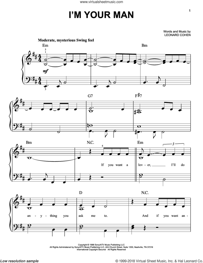 I'm Your Man sheet music for piano solo by Leonard Cohen, easy skill level