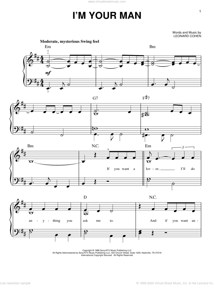 I'm Your Man sheet music for piano solo by Leonard Cohen, easy skill level