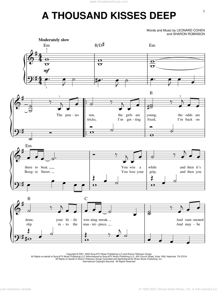 A Thousand Kisses Deep sheet music for piano solo by Leonard Cohen, Chris Botti and Sharon Robinson, easy skill level