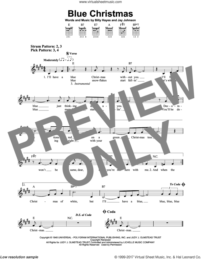Blue Christmas sheet music for guitar solo (chords) by Elvis Presley, Billy Hayes and Jay Johnson, easy guitar (chords)
