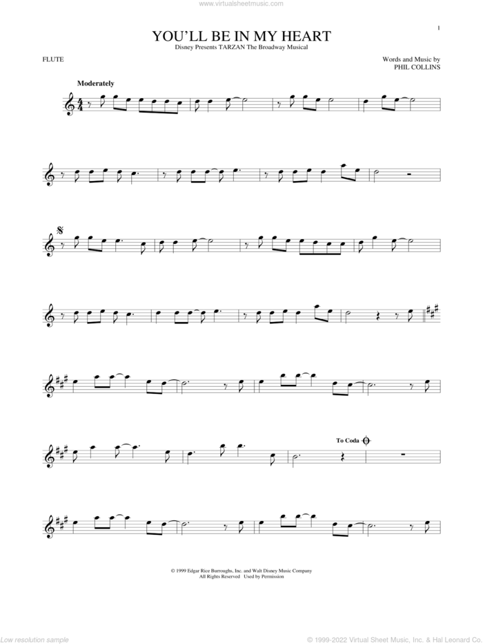 You'll Be In My Heart (from Tarzan) sheet music for flute solo by Phil Collins, intermediate skill level