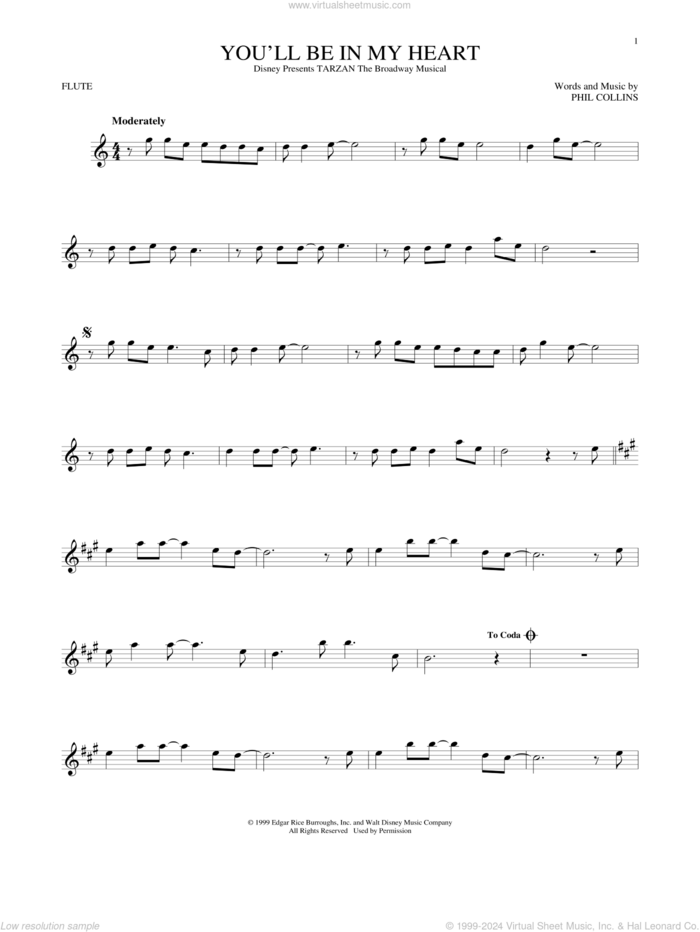 You'll Be In My Heart (from Tarzan) sheet music for flute solo by Phil Collins, intermediate skill level