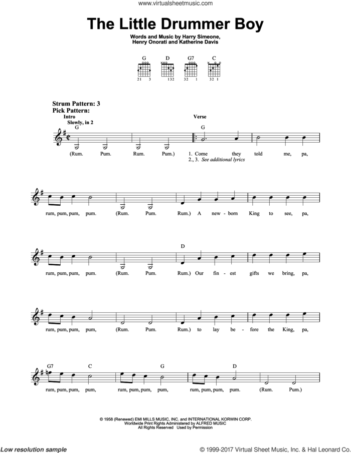 The Little Drummer Boy sheet music for guitar solo (chords) by Katherine Davis, Harry Simeone and Henry Onorati, easy guitar (chords)
