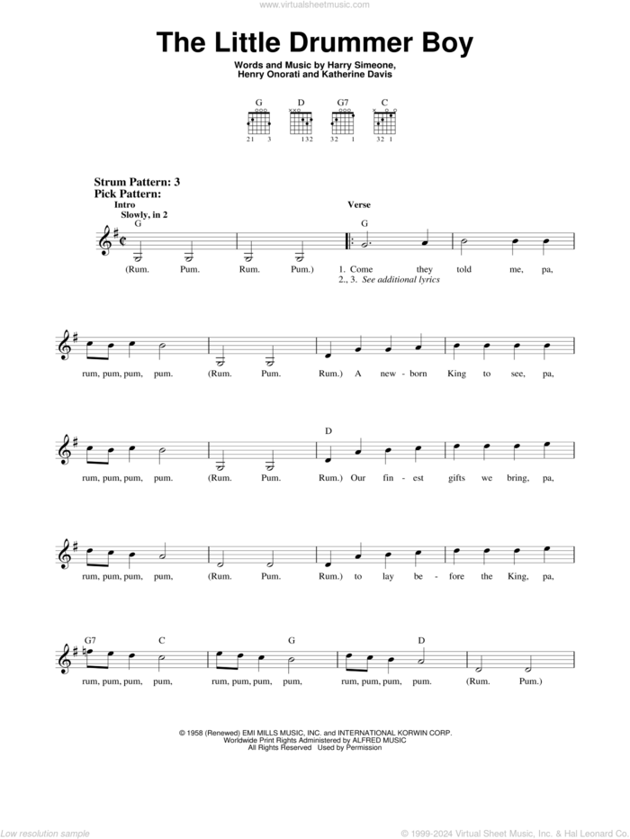 The Little Drummer Boy sheet music for guitar solo (chords) by Katherine Davis, Harry Simeone and Henry Onorati, easy guitar (chords)