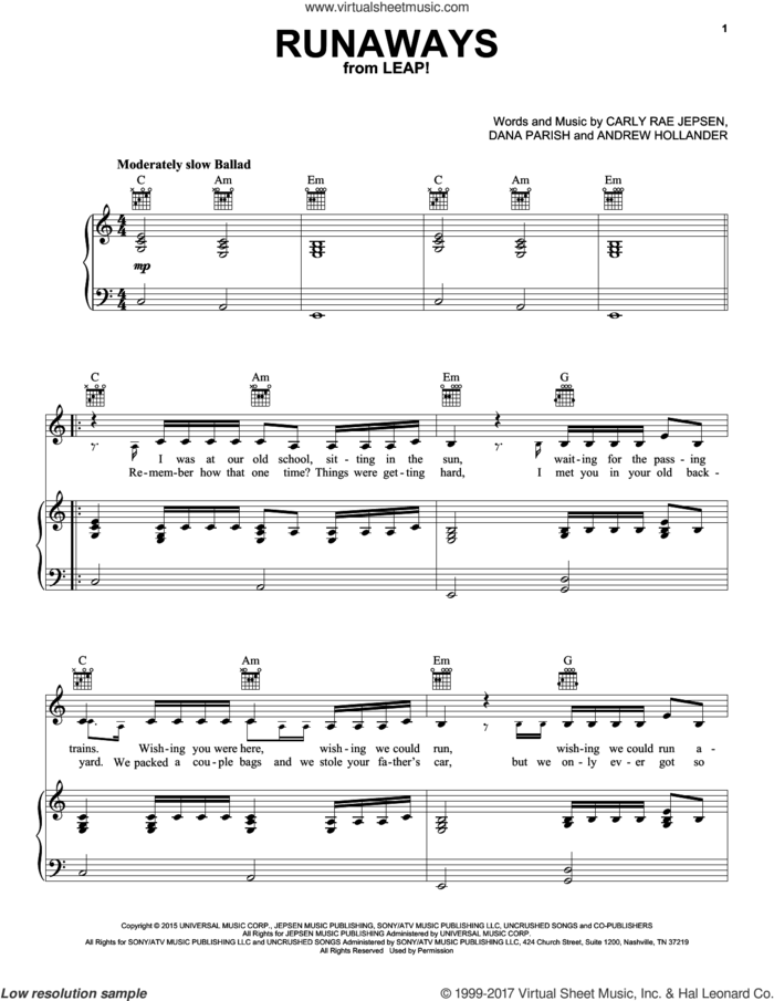 Runaways sheet music for voice, piano or guitar by Carly Rae Jepsen, Andrew Hollander and Dana Parish, intermediate skill level