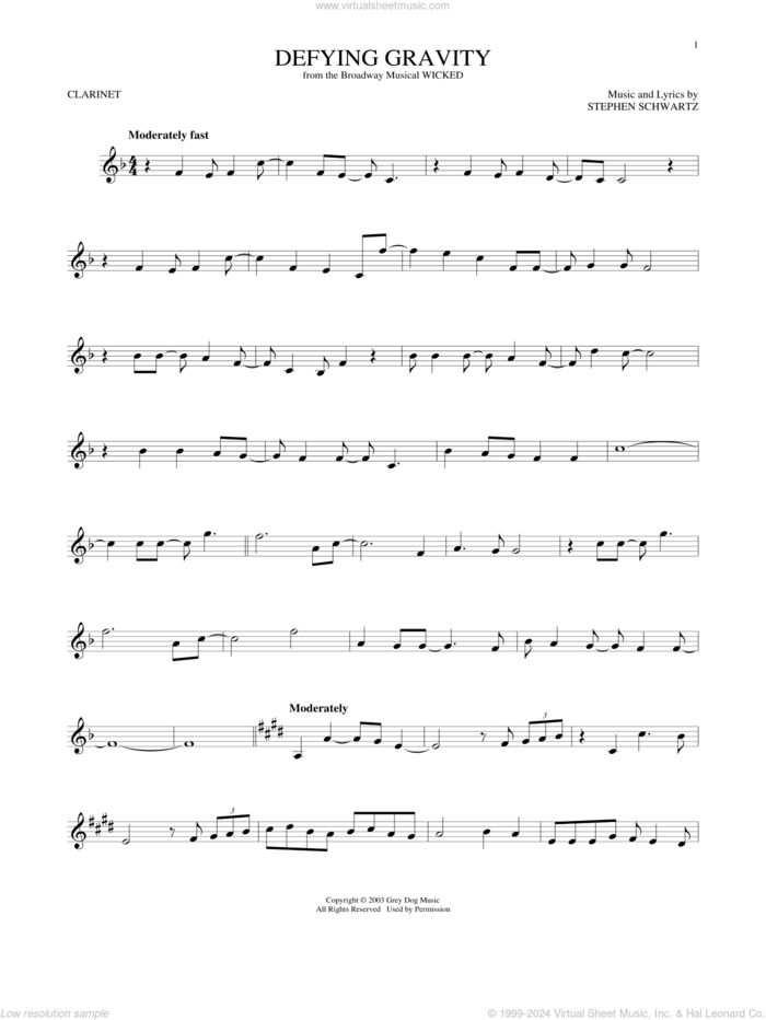 Defying Gravity (from Wicked) sheet music for clarinet solo by Stephen Schwartz, intermediate skill level