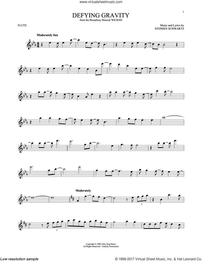 Defying Gravity (from Wicked) sheet music for flute solo by Stephen Schwartz, intermediate skill level