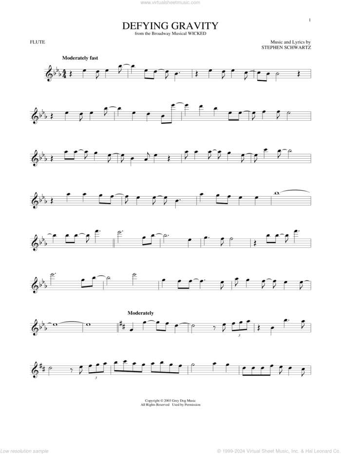 Defying Gravity (from Wicked) sheet music for flute solo by Stephen Schwartz, intermediate skill level