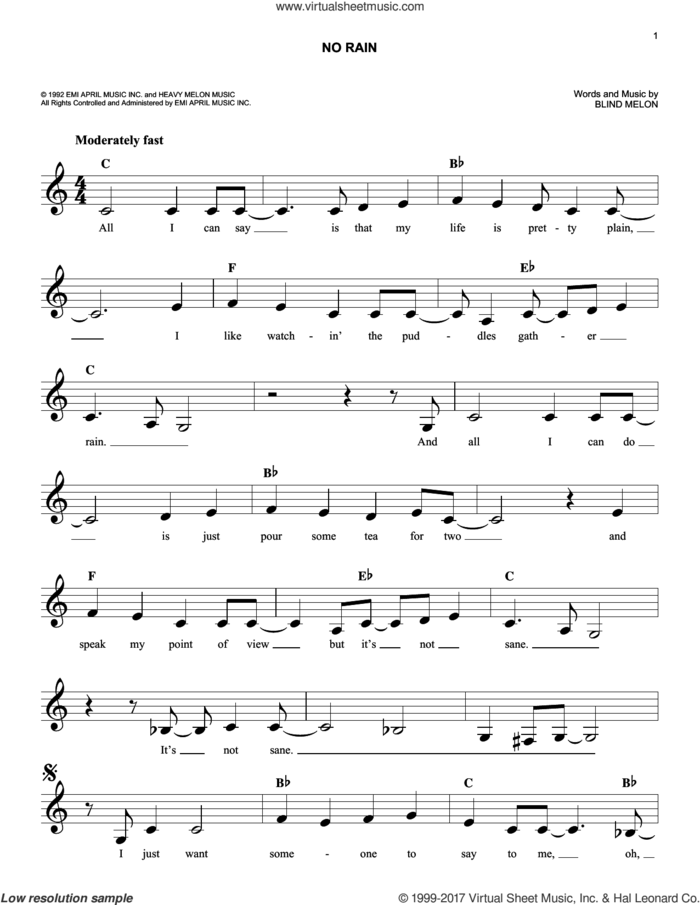No Rain sheet music for voice and other instruments (fake book) by Blind Melon, easy skill level