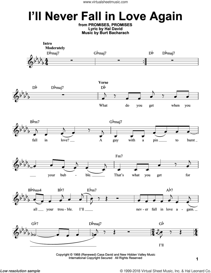 I'll Never Fall In Love Again sheet music for voice solo by Dionne Warwick, Burt Bacharach and Hal David, intermediate skill level