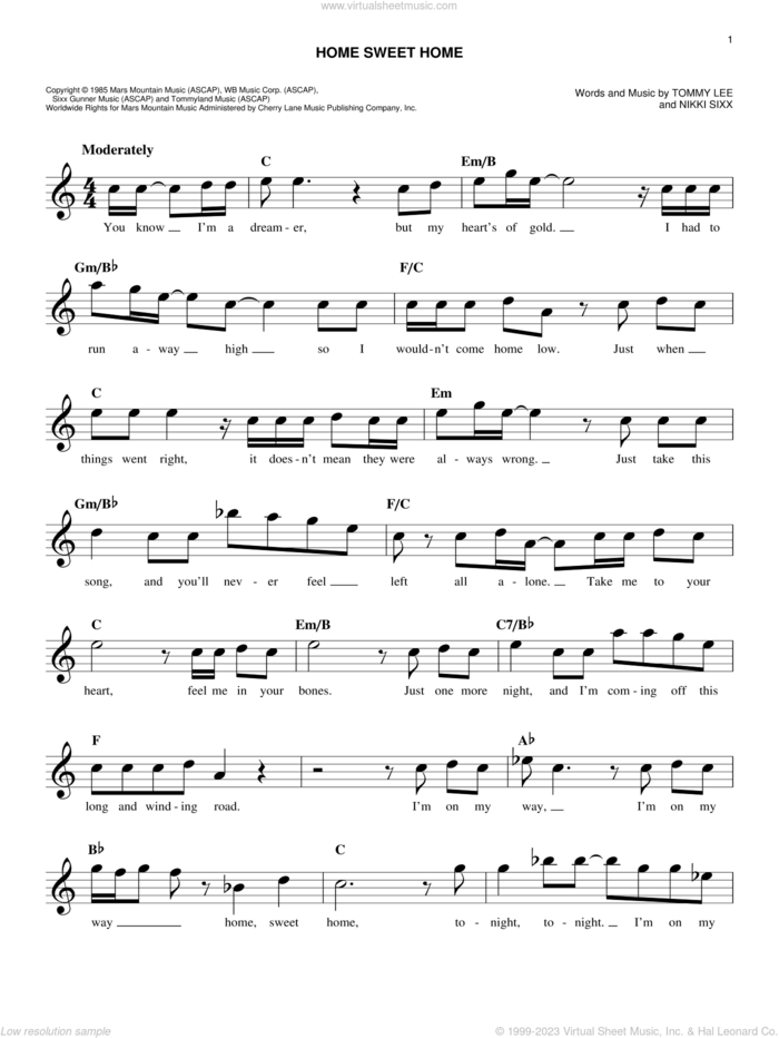 Home Sweet Home sheet music for voice and other instruments (fake book) by Tommy Lee, Motley Crue and Nikki Sixx, easy skill level