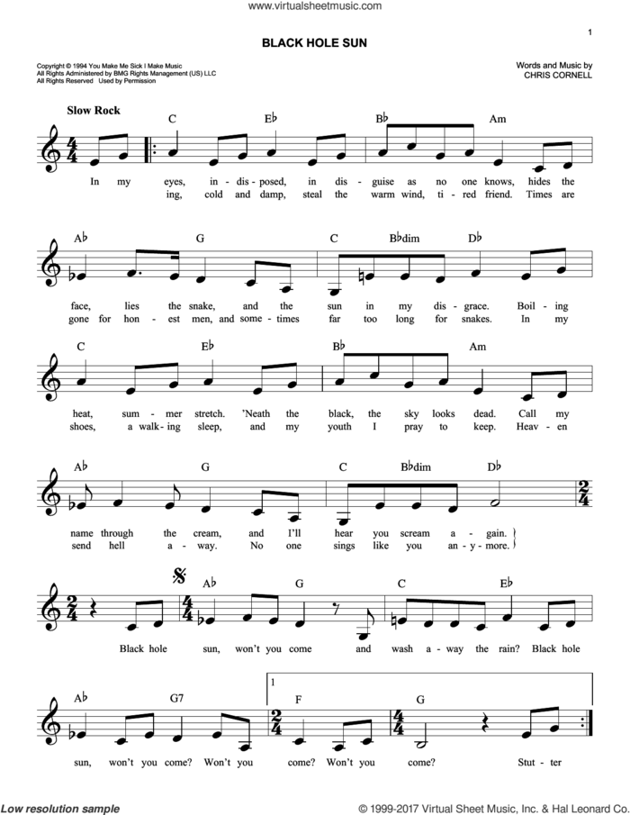 Black Hole Sun sheet music for voice and other instruments (fake book) by Soundgarden and Chris Cornell, easy skill level