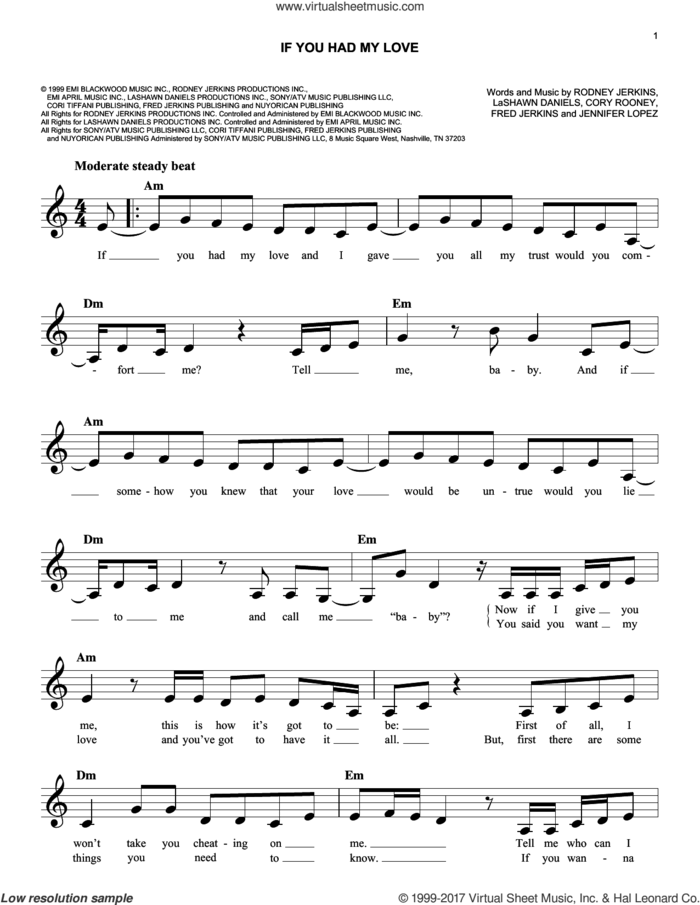 If You Had My Love sheet music for voice and other instruments (fake book) by Jennifer Lopez, Cory Rooney, Fred Jerkins, LaShawn Daniels and Rodney Jerkins, easy skill level
