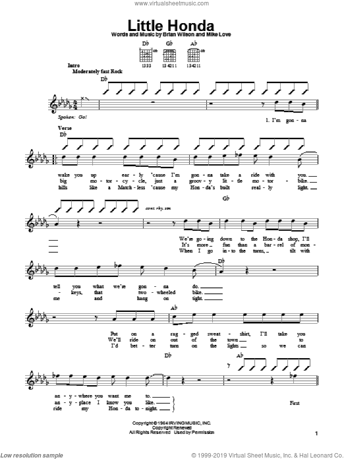 Little Honda sheet music for guitar solo (chords) by The Beach Boys, Brian Wilson and Mike Love, easy guitar (chords)