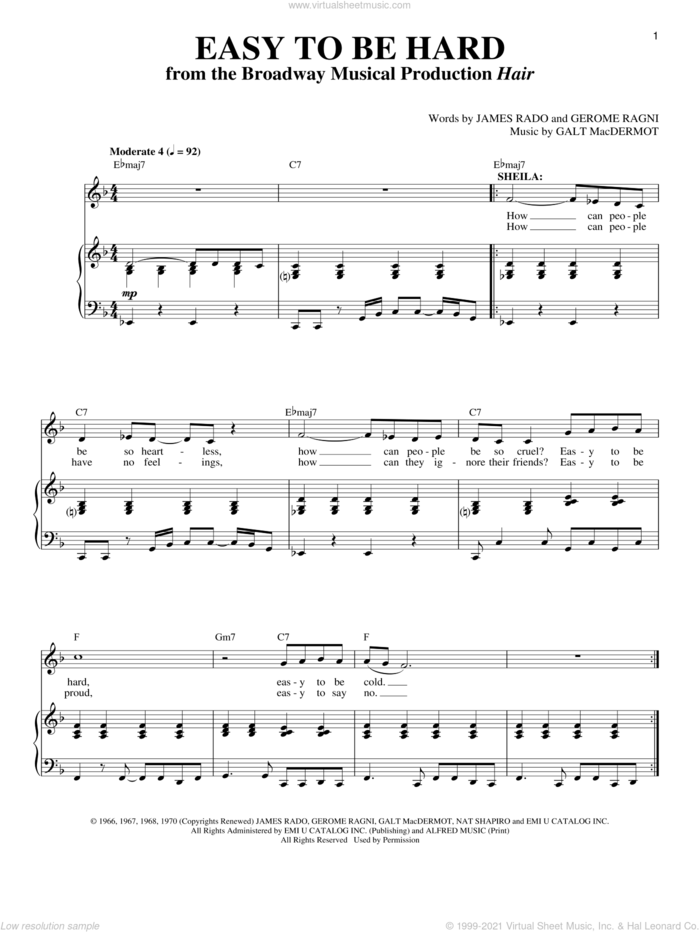 Easy To Be Hard sheet music for voice and piano by Galt MacDermot, Gerome Ragni and James Rado, intermediate skill level