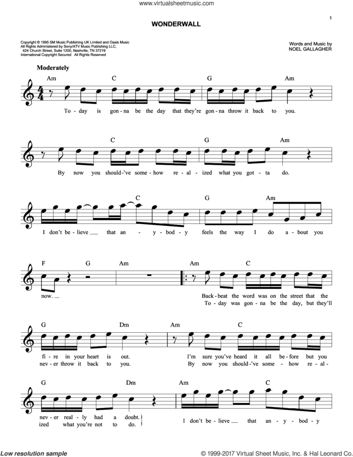 Wonderwall sheet music for voice and other instruments (fake book) by Oasis and Noel Gallagher, easy skill level