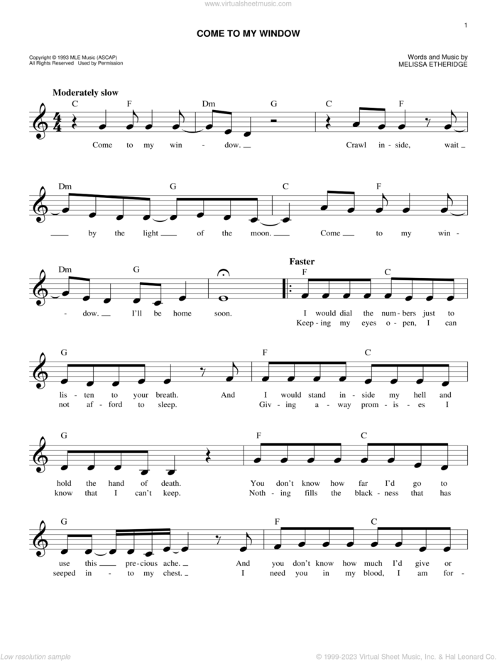 Come To My Window sheet music for voice and other instruments (fake book) by Melissa Etheridge, intermediate skill level