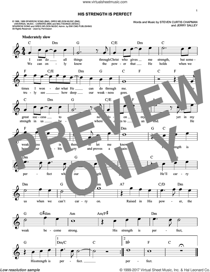 His Strength Is Perfect sheet music for voice and other instruments (fake book) by Steven Curtis Chapman and Jerry Salley, easy skill level