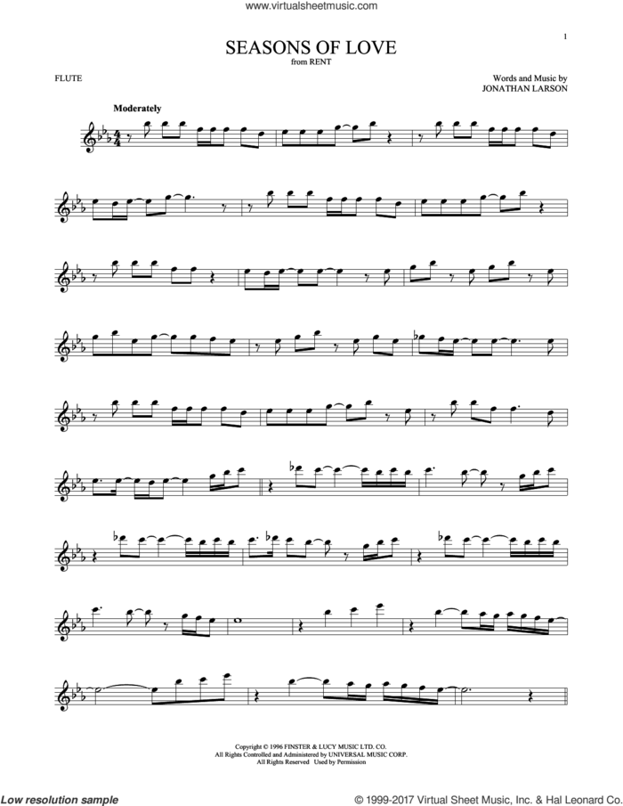 Seasons Of Love (from Rent) sheet music for flute solo by Jonathan Larson and Cast of Rent, intermediate skill level