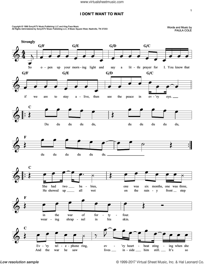 I Don't Want To Wait sheet music for voice and other instruments (fake book) by Paula Cole, easy skill level