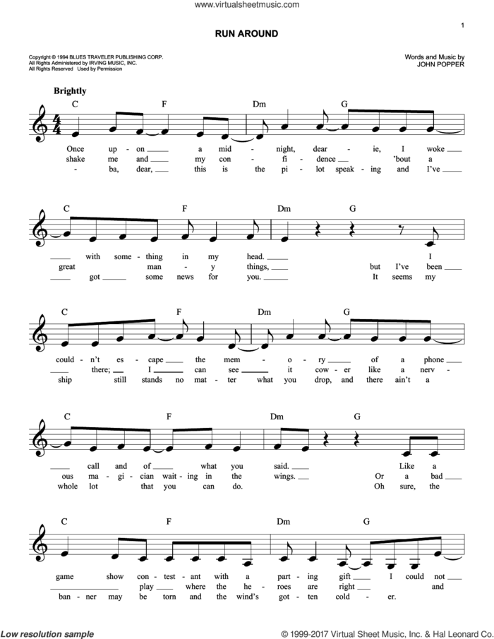 Run-Around sheet music for voice and other instruments (fake book) by Blues Traveler and John Popper, easy skill level