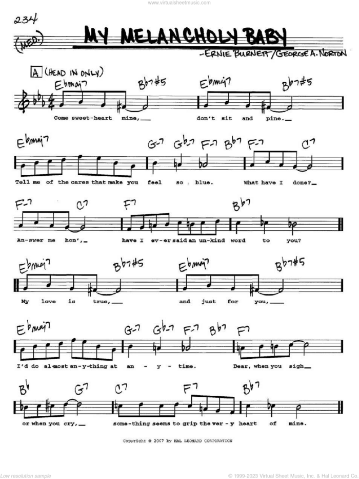 My Melancholy Baby sheet music for voice and other instruments  by Ernie Burnett and George A. Norton, intermediate skill level
