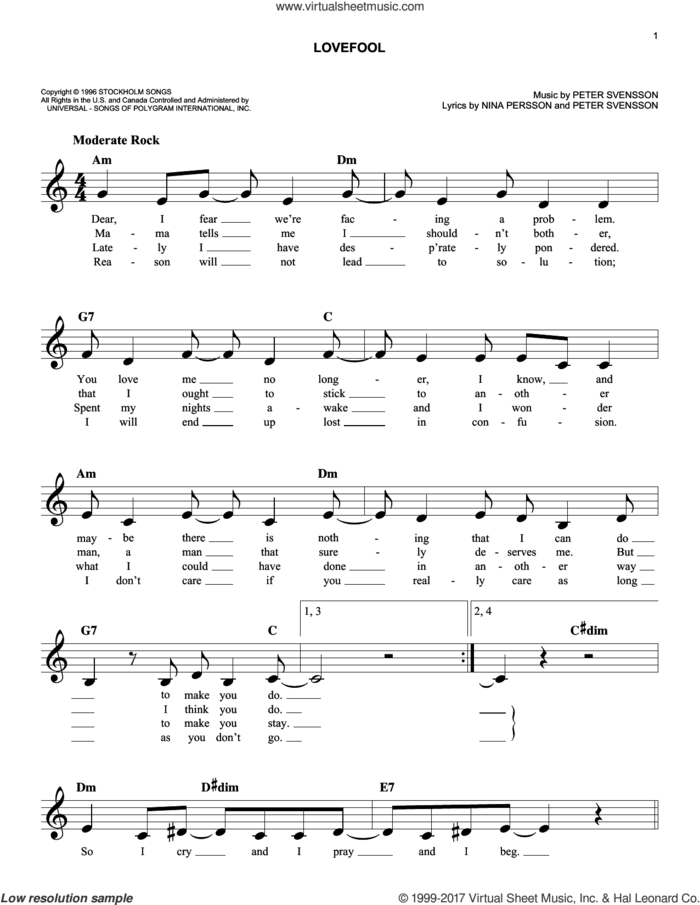 Lovefool sheet music for voice and other instruments (fake book) by The Cardigans, Nina Persson and Peter Svensson, easy skill level