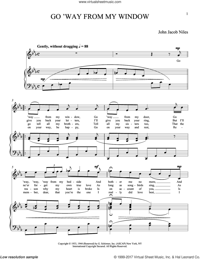 Go 'Way From My Window sheet music for voice and piano (Soprano) by John Jacob Niles and Joan Frey Boytim, intermediate skill level