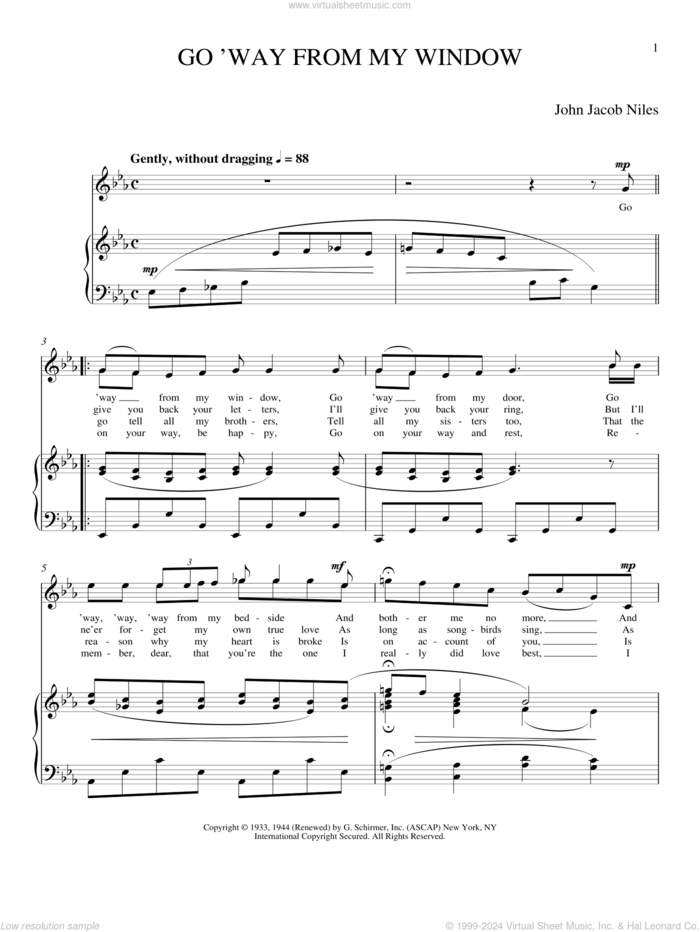 Go 'Way From My Window sheet music for voice and piano (Soprano) by John Jacob Niles and Joan Frey Boytim, intermediate skill level