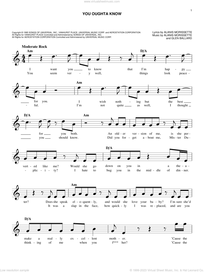 You Oughta Know sheet music for voice and other instruments (fake book) by Alanis Morissette and Glen Ballard, easy skill level